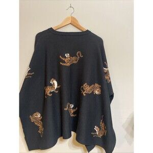 Black Knit Swoncho Sweater Poncho Tiger Motif One Size Preppy Luxe Classic Style